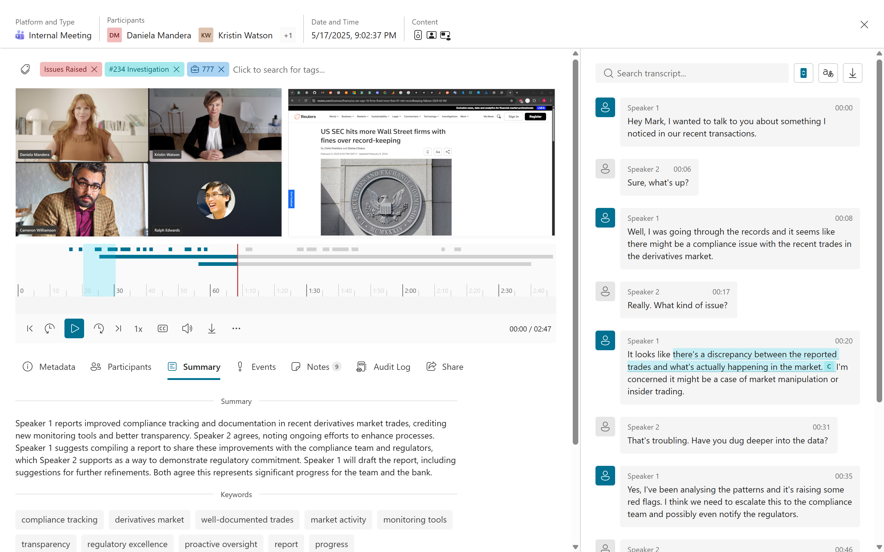 Argus Archive playback and transcription interface for voice, video and screen recording communications