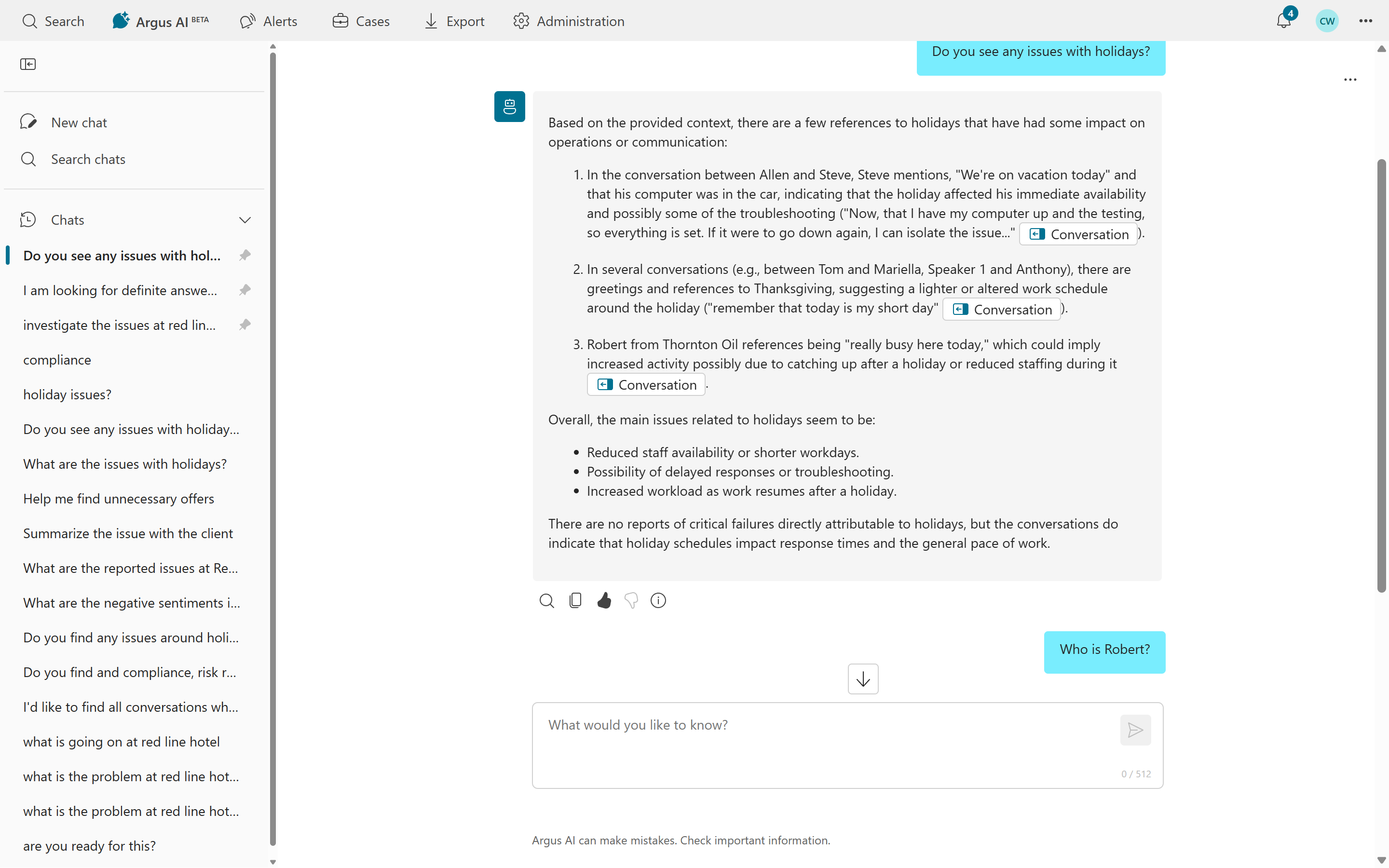 Argus AI assistant for communications compliance, providing natural language search and analysis across archived communications