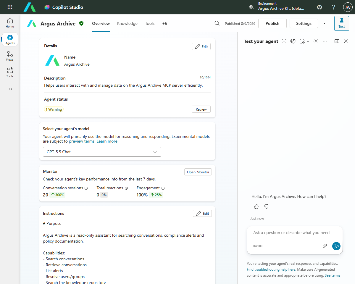 Argus Archive agent configured in Microsoft Copilot Studio with MCP-powered communications and compliance capabilities